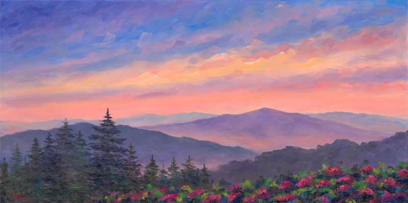 Rhododendron at Cold Mountain NC Oil Painting Sunset Sky